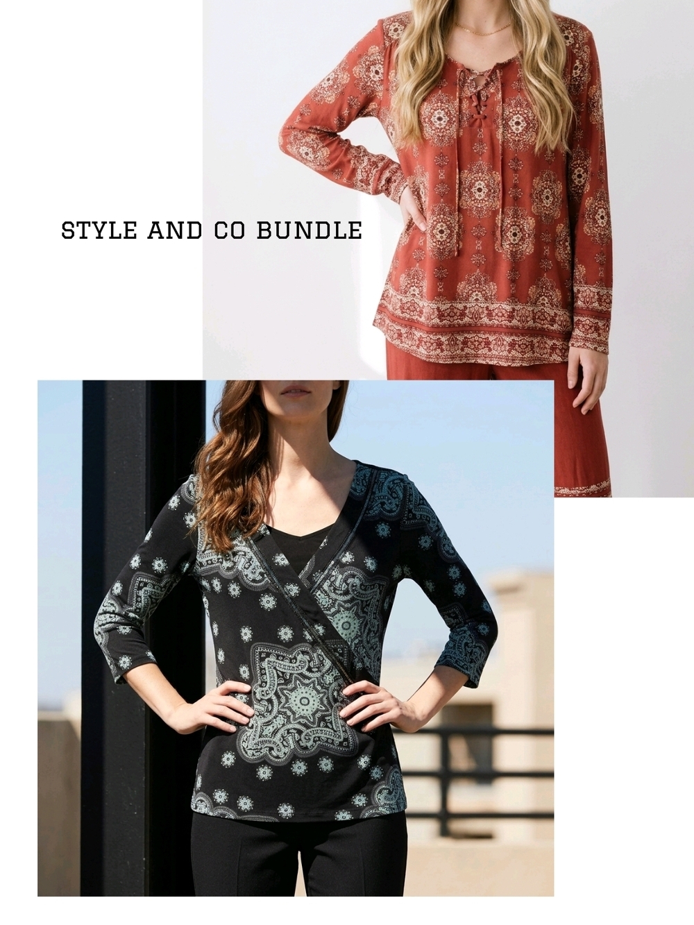 Style & Co. Rust Paisley Long-Sleeve Tunic & Black Teal Paisley Wrap Top